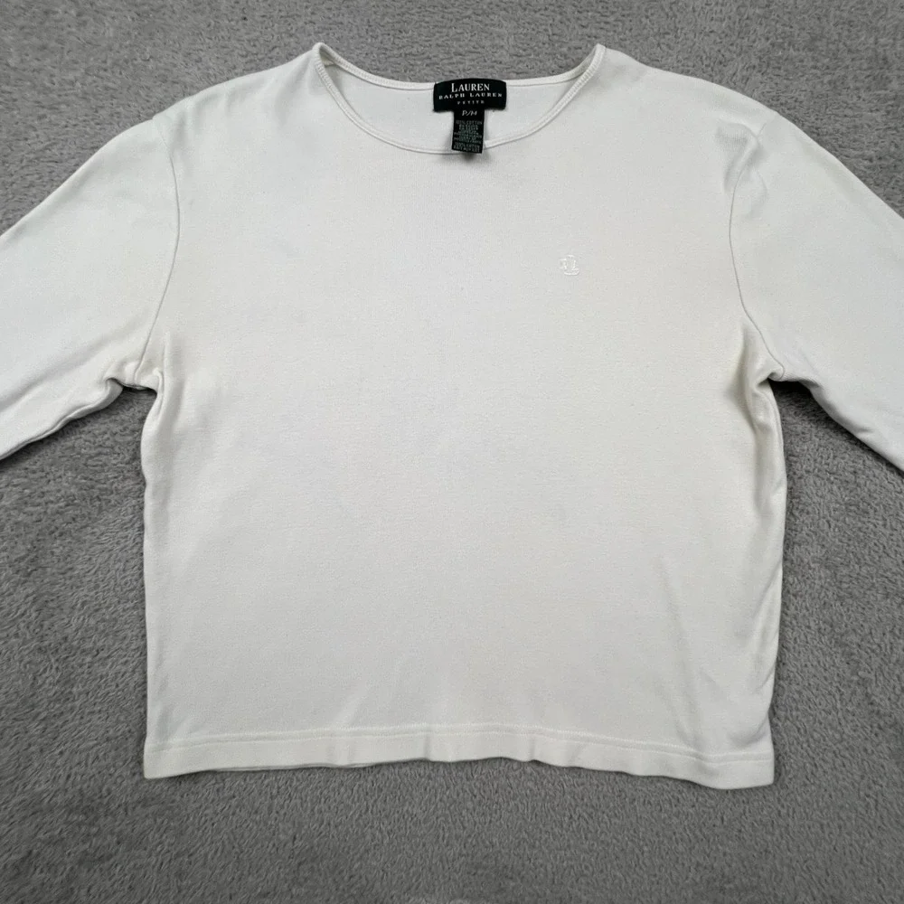 Lauren Ralph Lauren Ribbed Top Women White Long Sleeve Logo Classic Minimalist - Picture 7 of 11